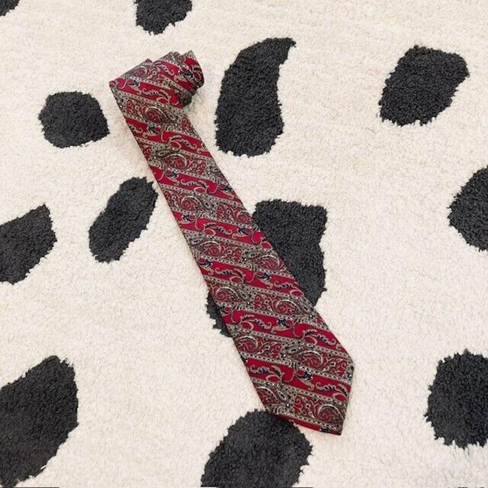 Vintage Christian Dior Silk Red Blue Taupe Paisley Stripe Print Designer Tie